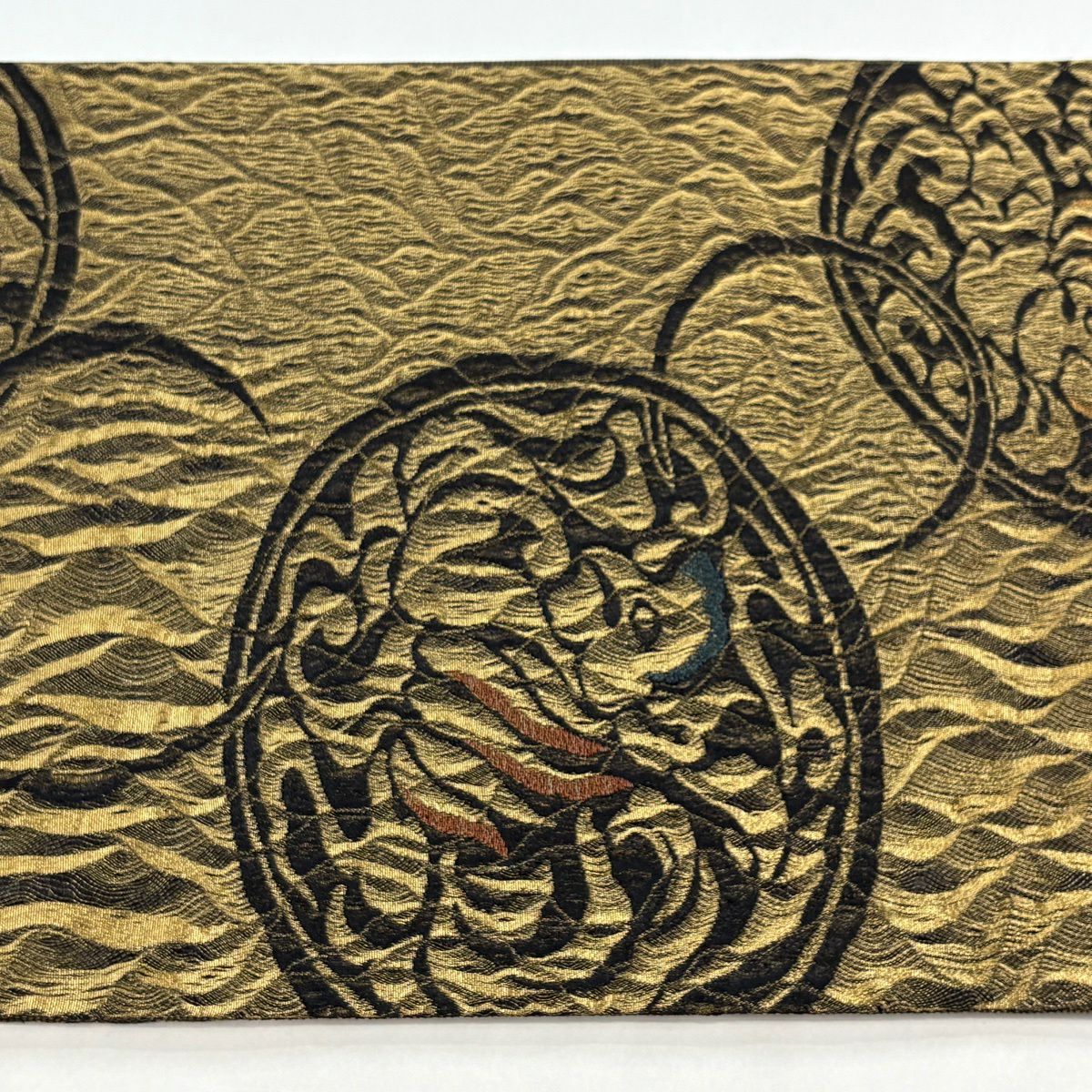 【美品】 袋帶 名品級 圓文 鳥 金絲 黑 全通 純蠶絲