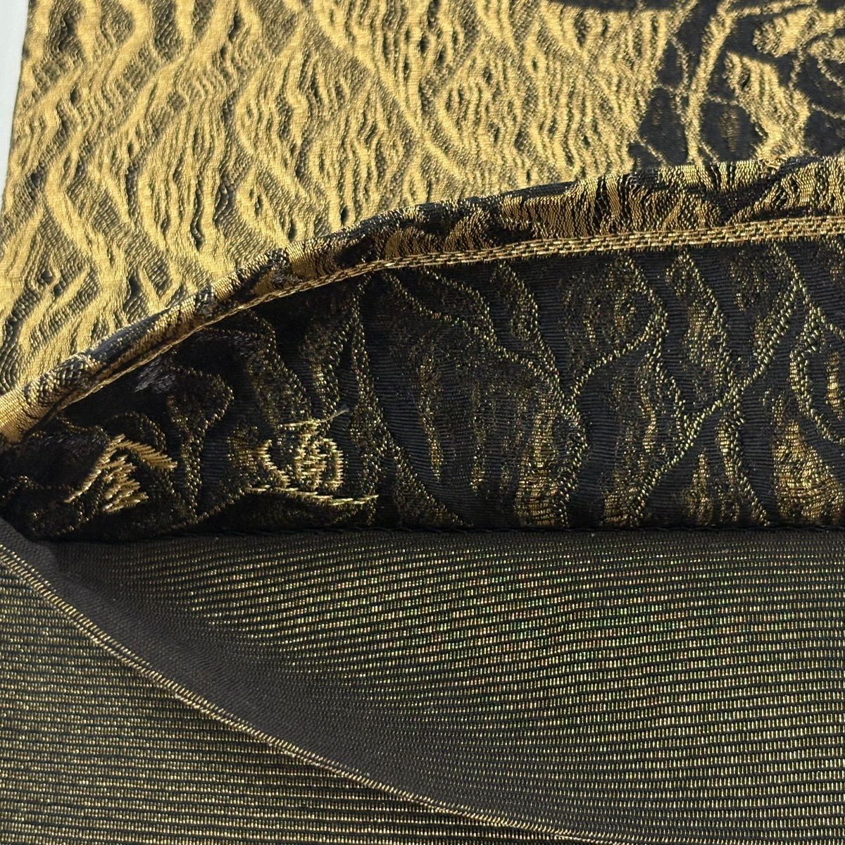 【美品】 袋帶 名品級 圓文 鳥 金絲 黑 全通 純蠶絲