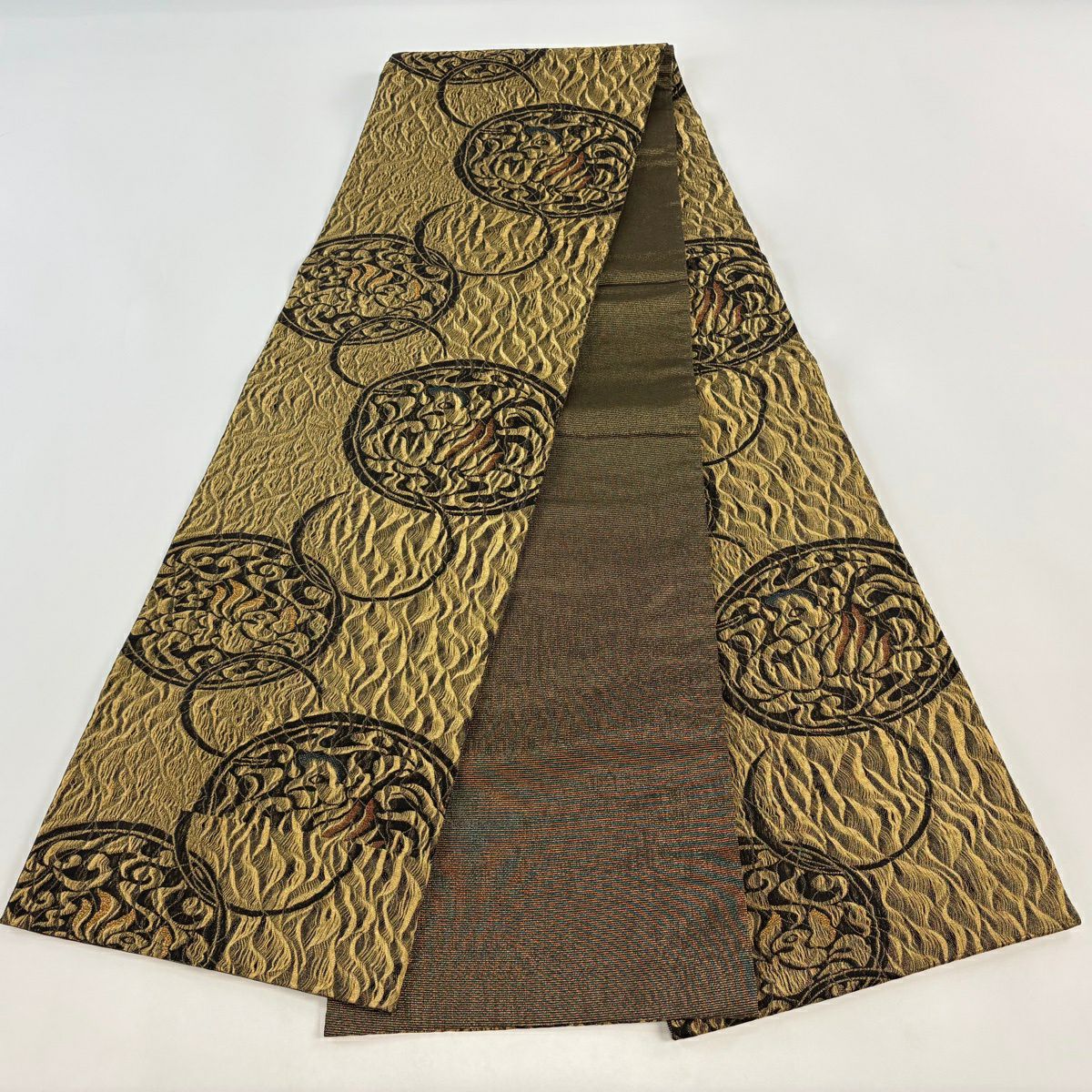 【美品】 袋帶 名品級 圓文 鳥 金絲 黑 全通 純蠶絲
