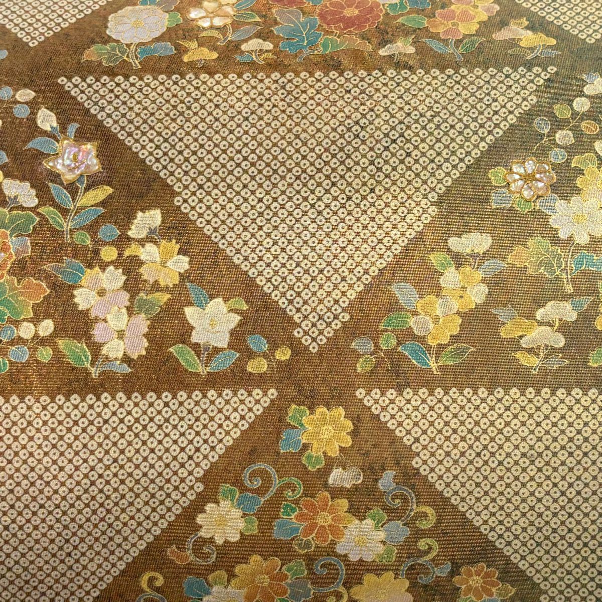 【美品】 袋帶 名品級 草花紋紋 疋田紋 金彩裝飾 螺鈿 橙色 大鼓紋 純蠶絲