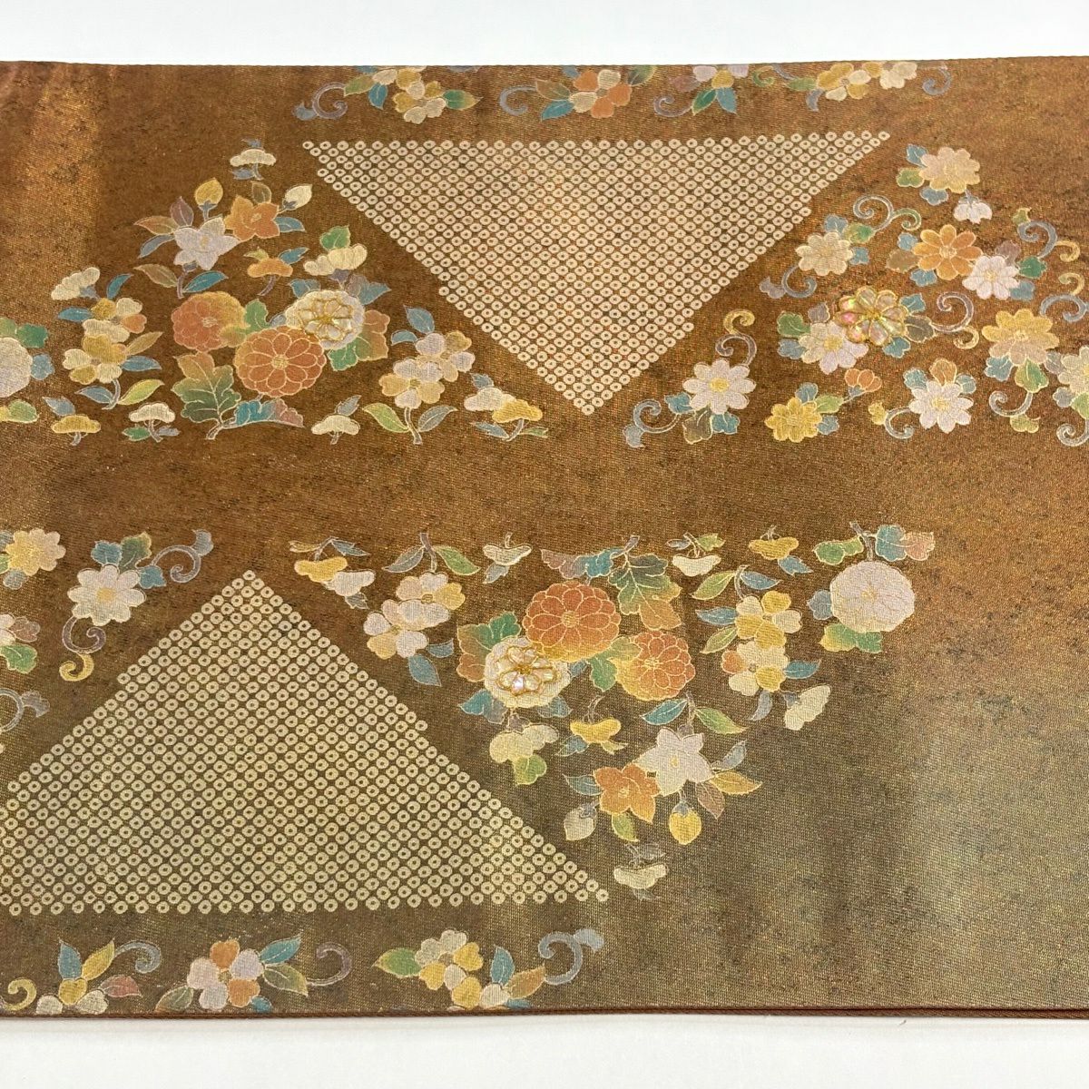 【美品】 袋帶 名品級 草花紋紋 疋田紋 金彩裝飾 螺鈿 橙色 大鼓紋 純蠶絲