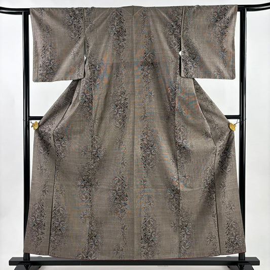 【美品】 大島紬織 身長157cm 袖長62cm S 雙層 純泥染 證書附帶 草花紋紋 焦茶 純蠶絲 名品級