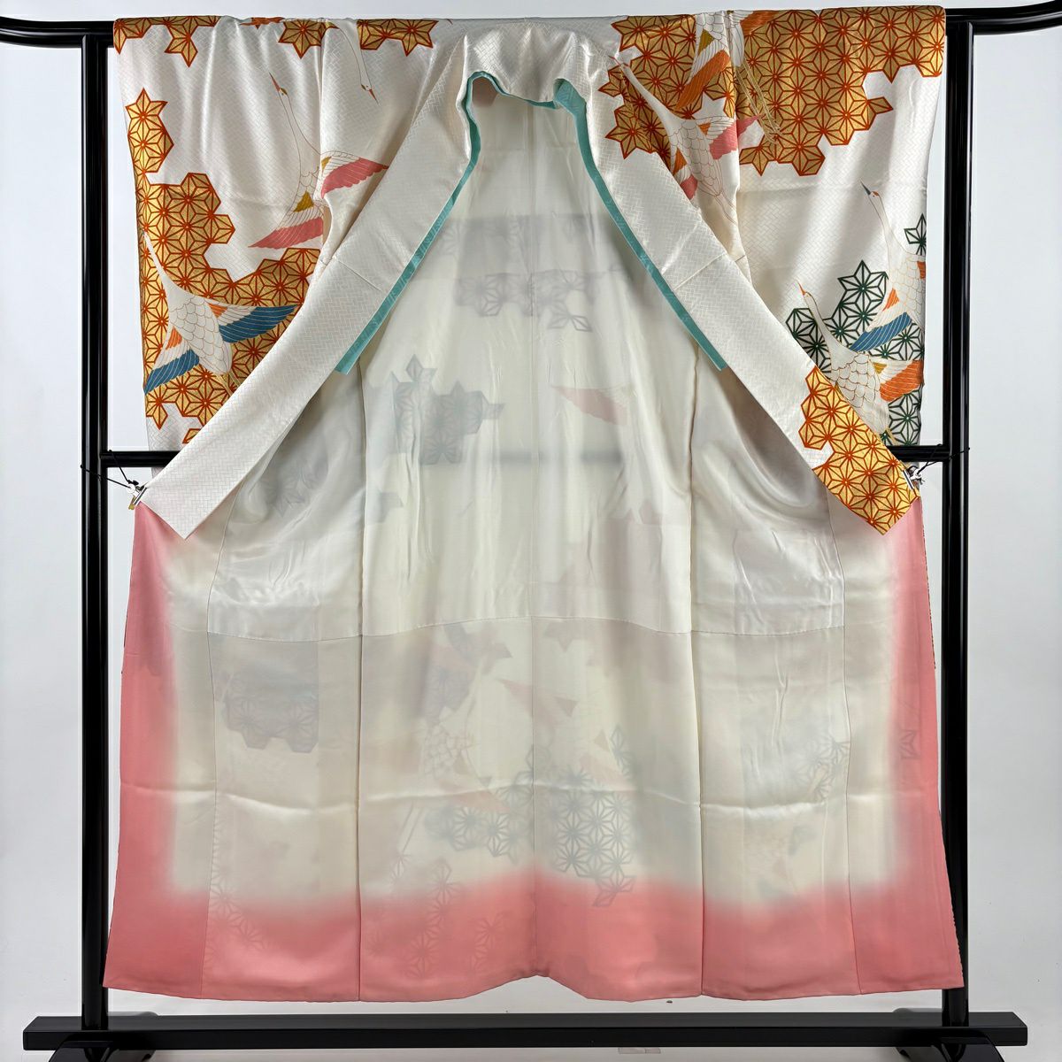 振袖禮服 身長154cm 袖長62cm S 雙層 吾妻德穗 落款 仙鶴 麻葉 金絲 金銀彩 奶油色 純蠶絲 名品級