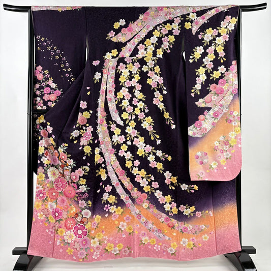 【美品】振袖禮服 身長162cm 袖長64cm M 雙層 御所車 櫻花 金金箔 金銀彩 深紫 純蠶絲 名品級