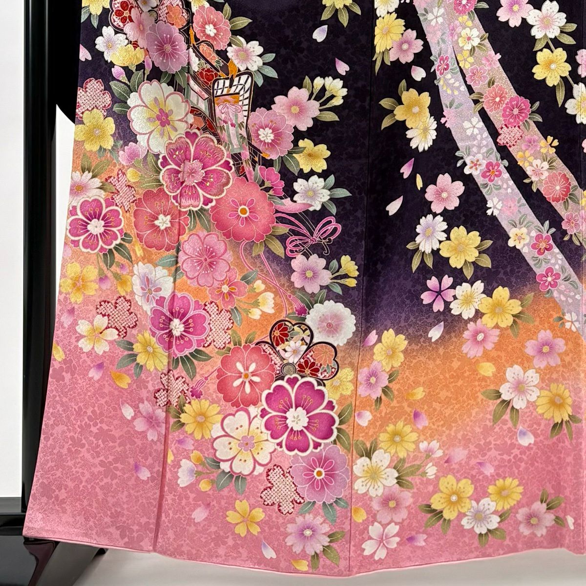 【美品】振袖禮服 身長162cm 袖長64cm M 雙層 御所車 櫻花 金金箔 金銀彩 深紫 純蠶絲 名品級
