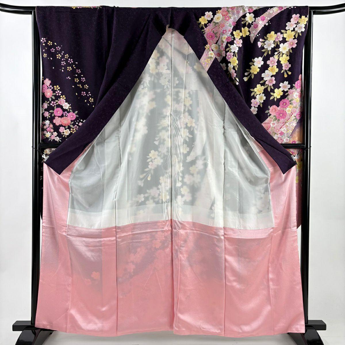【美品】振袖禮服 身長162cm 袖長64cm M 雙層 御所車 櫻花 金金箔 金銀彩 深紫 純蠶絲 名品級