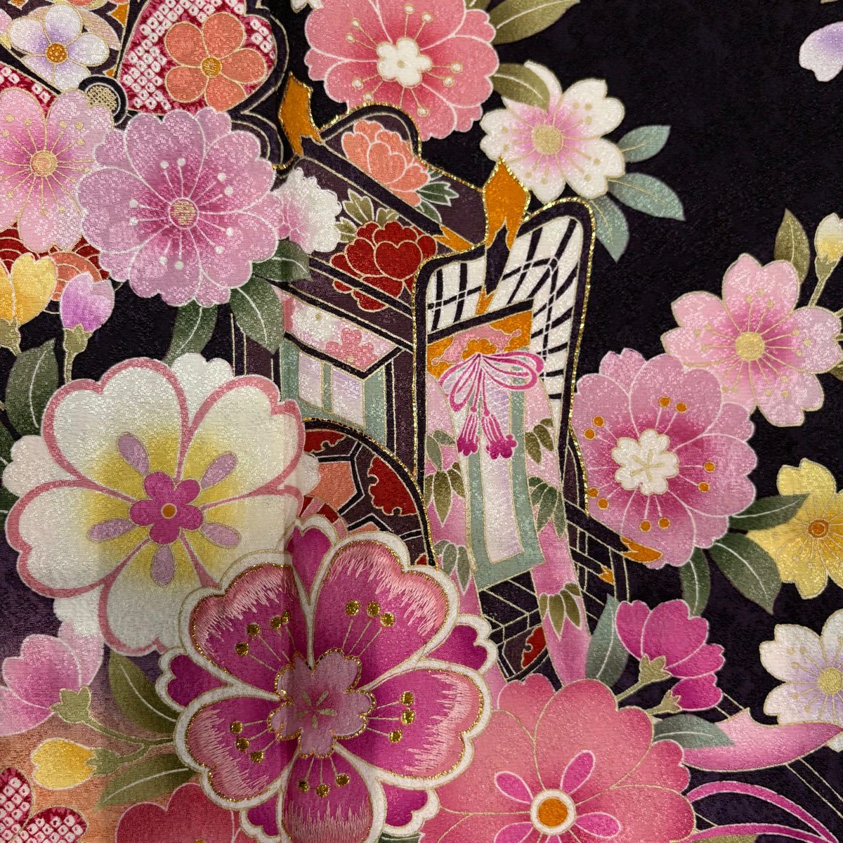 【美品】振袖禮服 身長162cm 袖長64cm M 雙層 御所車 櫻花 金金箔 金銀彩 深紫 純蠶絲 名品級