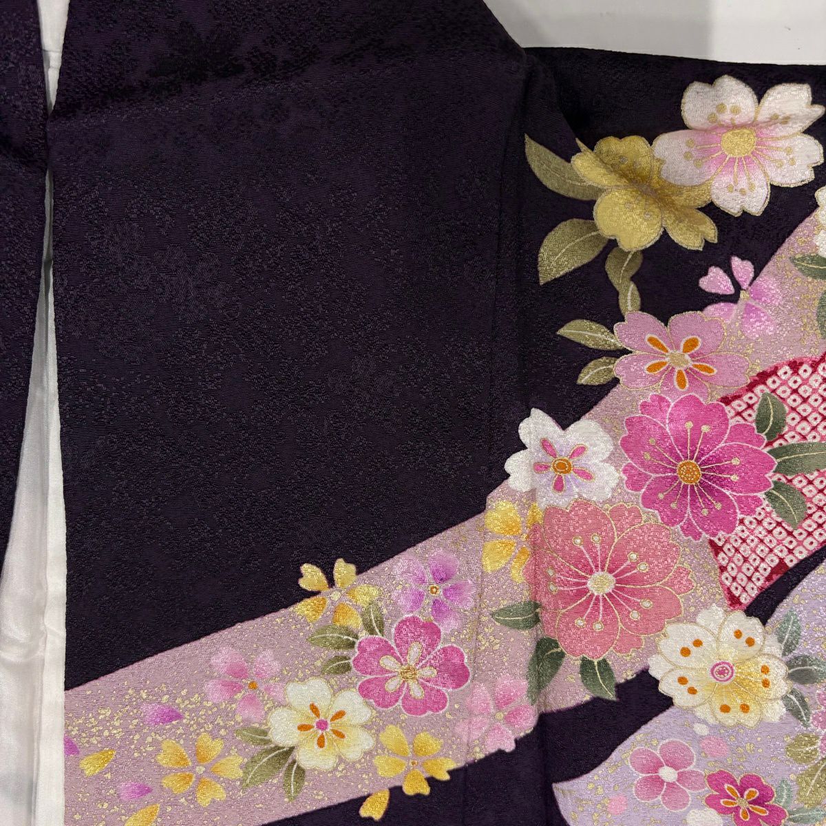 【美品】振袖禮服 身長162cm 袖長64cm M 雙層 御所車 櫻花 金金箔 金銀彩 深紫 純蠶絲 名品級