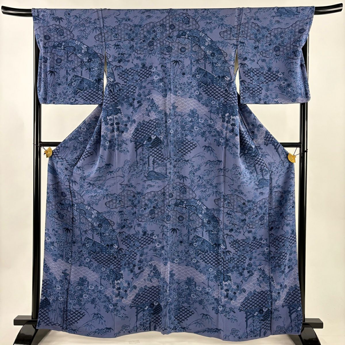 訪問服 身長163.5cm 袖長68cm L 雙層 落款有 竹子梅花 雲文 縮緬 深藍 純蠶絲 名品級
