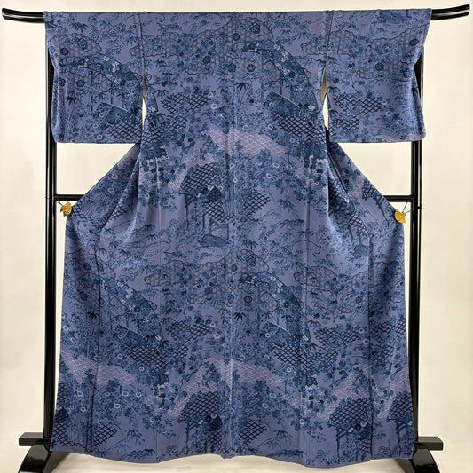 訪問服 身長163.5cm 袖長68cm L 雙層 落款有 竹子梅花 雲文 縮緬 深藍 純蠶絲 名品級