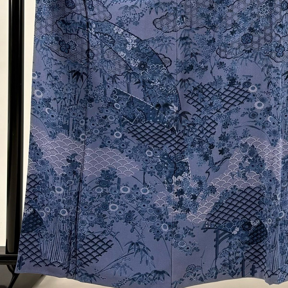 訪問服 身長163.5cm 袖長68cm L 雙層 落款有 竹子梅花 雲文 縮緬 深藍 純蠶絲 名品級