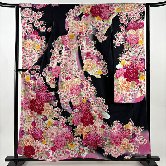 【美品】振袖禮服 身長158.5cm 袖長62.5cm S 雙層 牡丹 手鞠 金銀彩 黑 純蠶絲 名品級