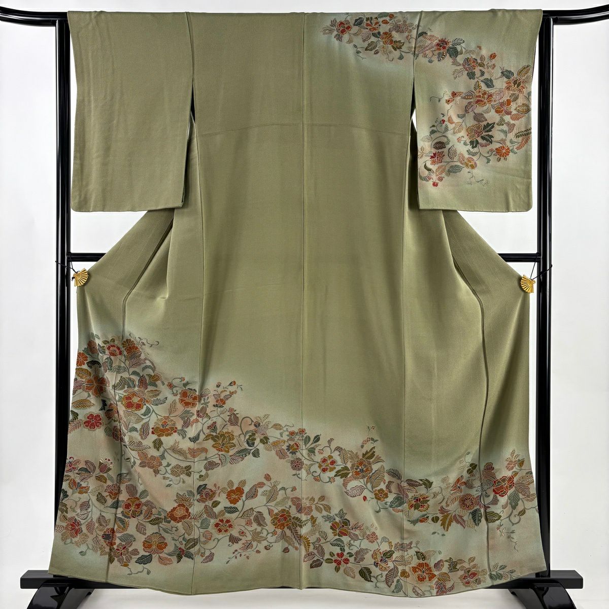 訪問服 身長160cm 袖長63cm S 雙層 草花紋紋 刺繡 縮緬 灰綠 純蠶絲 名品級