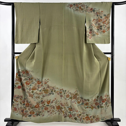 訪問服 身長160cm 袖長63cm S 雙層 草花紋紋 刺繡 縮緬 灰綠 純蠶絲 名品級