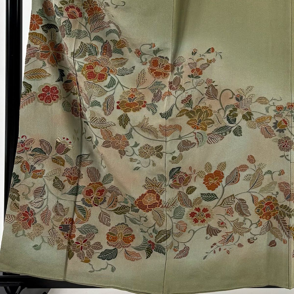 訪問服 身長160cm 袖長63cm S 雙層 草花紋紋 刺繡 縮緬 灰綠 純蠶絲 名品級
