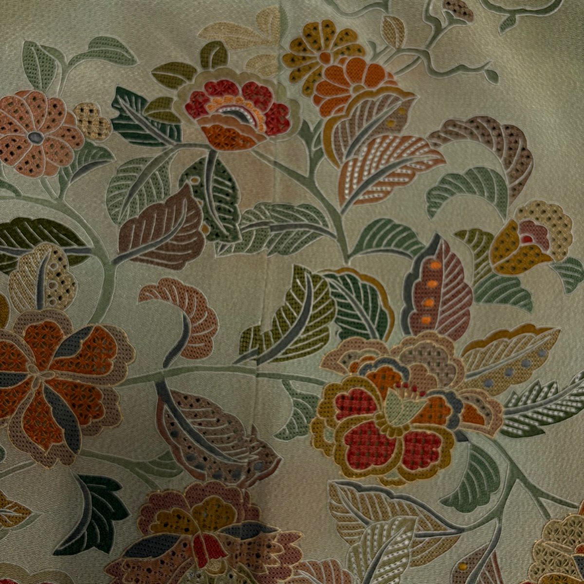訪問服 身長160cm 袖長63cm S 雙層 草花紋紋 刺繡 縮緬 灰綠 純蠶絲 名品級