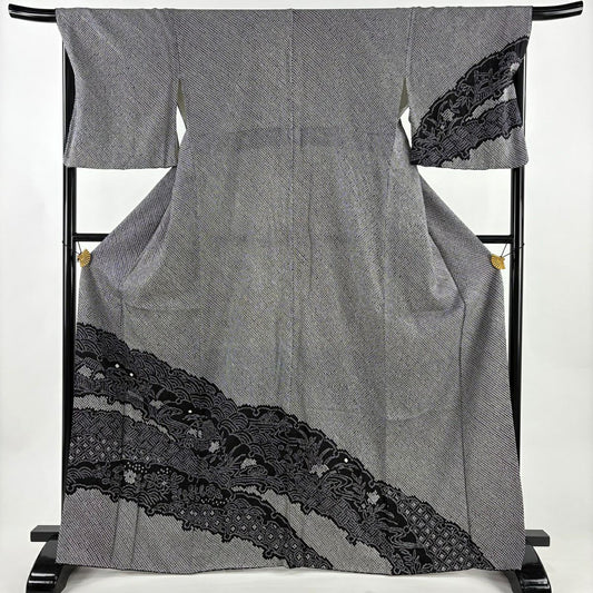 訪問服 身長166cm 袖長68cm L 雙層 雪輪 草花紋紋 絞染 黑灰 純蠶絲 名品級