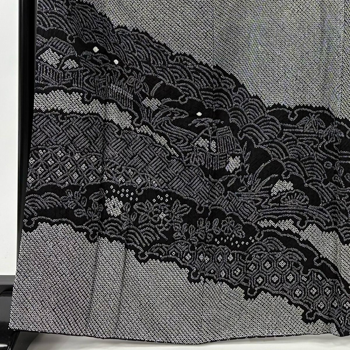訪問服 身長166cm 袖長68cm L 雙層 雪輪 草花紋紋 絞染 黑灰 純蠶絲 名品級