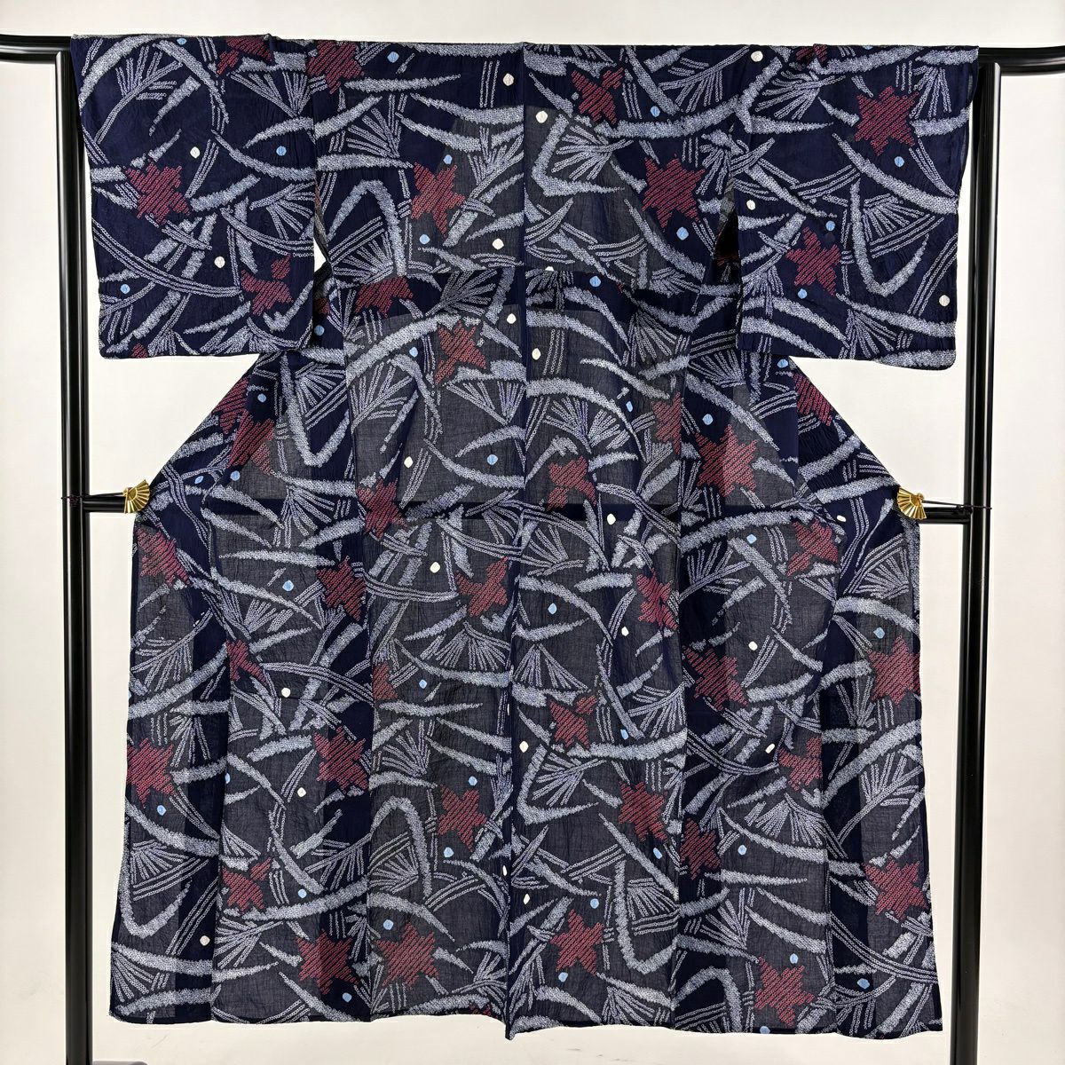 【美品】浴衣 身長147cm 袖長64.5cm M 絞染浴衣 葉紋 深藍 棉 名品級