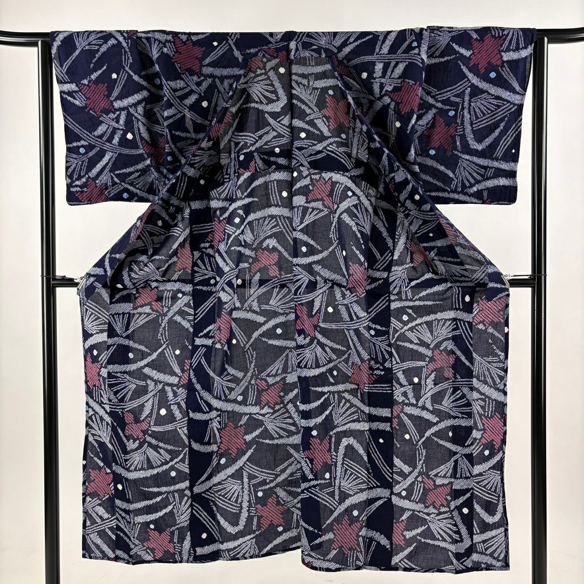 【美品】浴衣 身長147cm 袖長64.5cm M 絞染浴衣 葉紋 深藍 棉 名品級