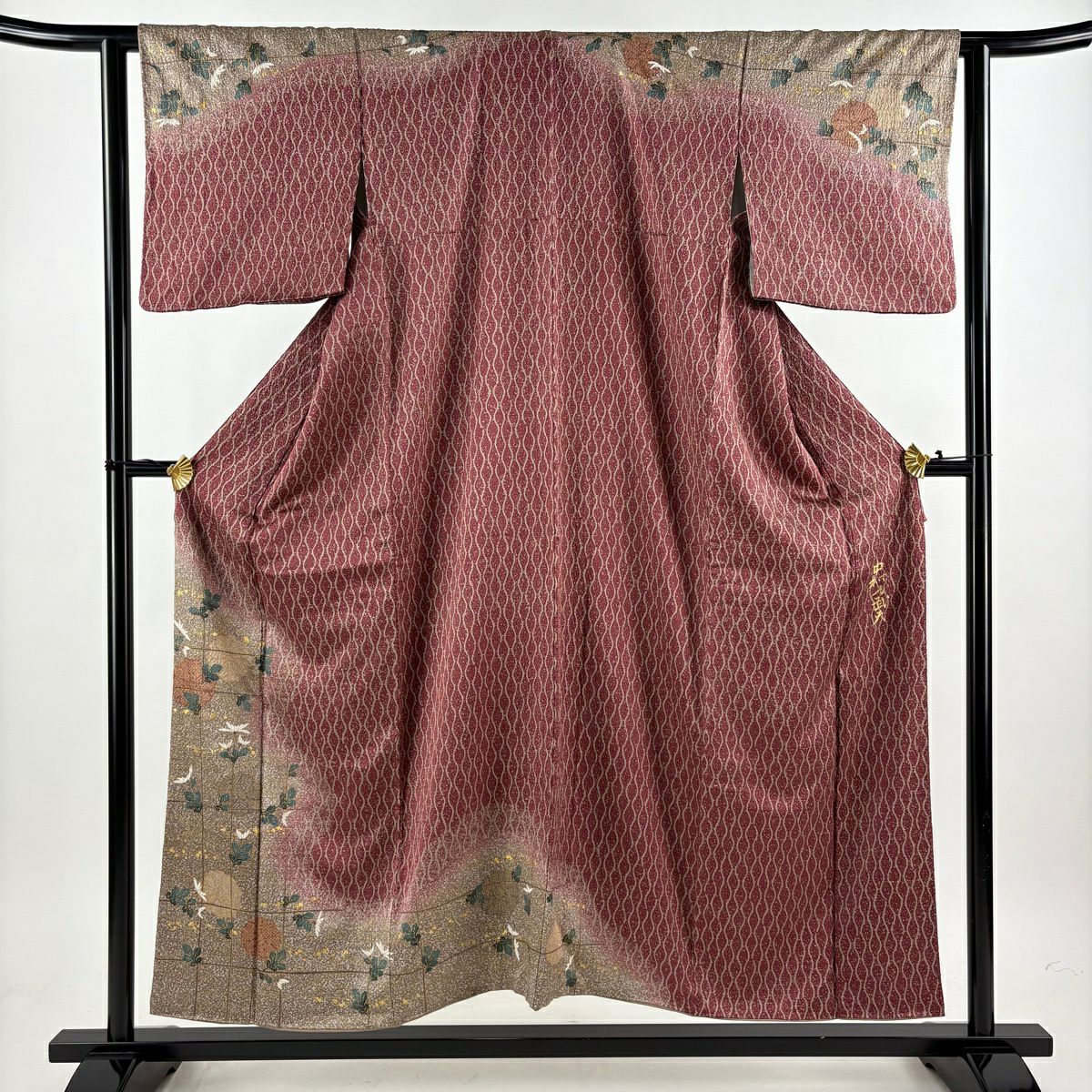 【美品】訪問服 身長154cm 袖長62.5cm S 雙層 中村乃武夫 落款あり 菊花 立涌 金銀彩 深紅色 純蠶絲 名品級