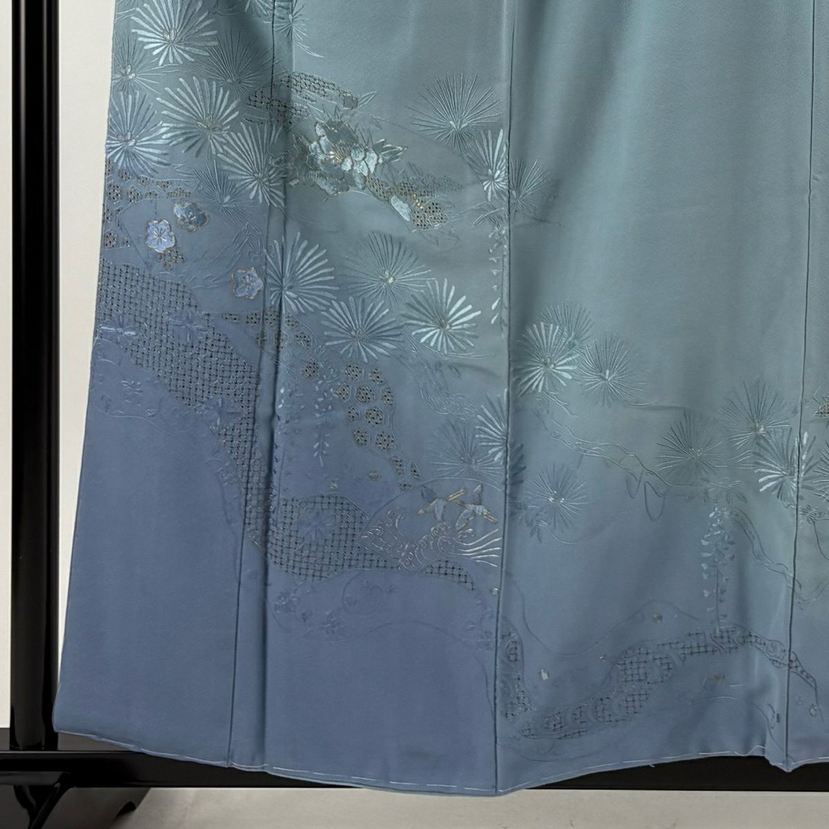 付下 身長157cm 袖長62cm S 雙層 若松樹 牡丹 刺繡 金線 青灰 純蠶絲 名品級 一つ紋