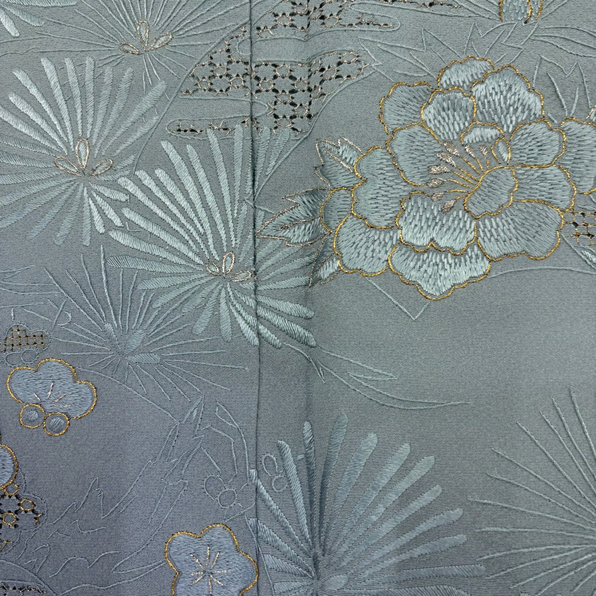 付下 身長157cm 袖長62cm S 雙層 若松樹 牡丹 刺繡 金線 青灰 純蠶絲 名品級 一つ紋