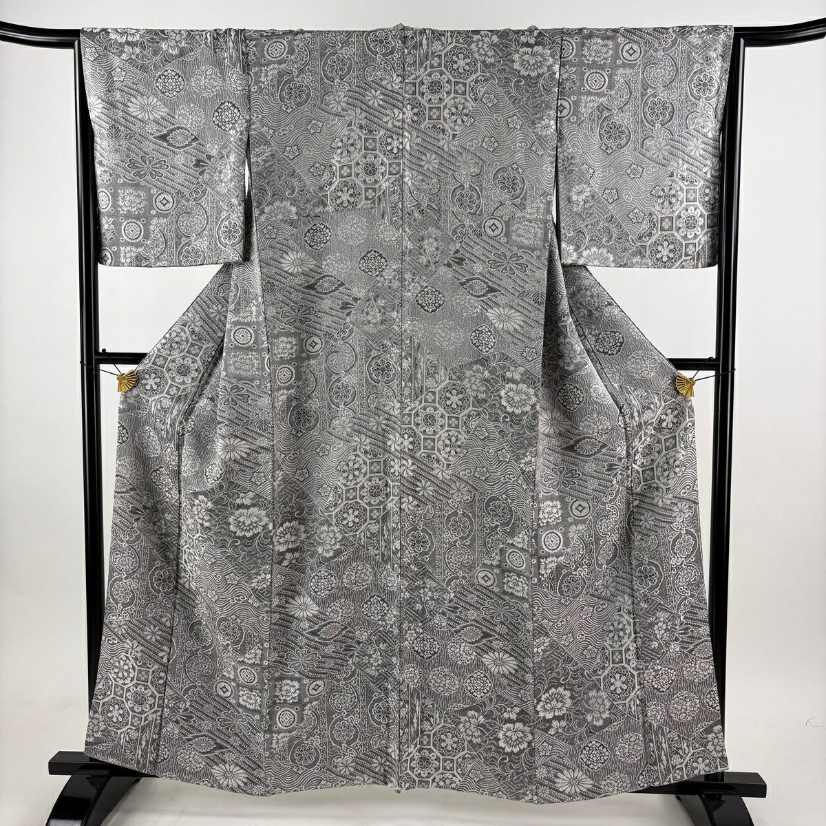 小紋 身長160.5cm 袖長66cm M 雙層 花唐草紋 華紋 紋意匠 灰色 純蠶絲 名品級