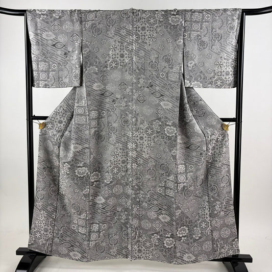 小紋 身長160.5cm 袖長66cm M 雙層 花唐草紋 華紋 紋意匠 灰色 純蠶絲 名品級