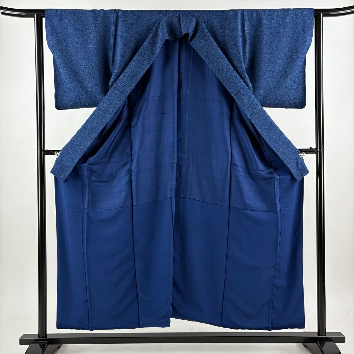 【美品】 小紋 身長155cm 袖長62cm S 雙層 天然藍 證書在側 波 藍色 純蠶絲 名品級 一つ紋
