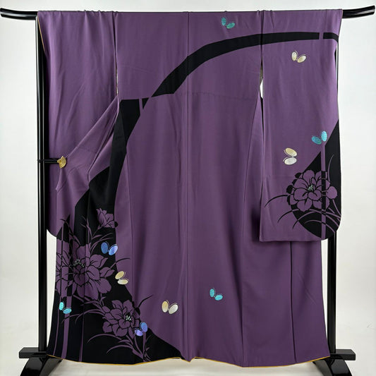 振袖禮服 身長159cm 袖長68cm L 雙層 蝶 草花紋紋 金銀彩 紫 純蠶絲 名品級