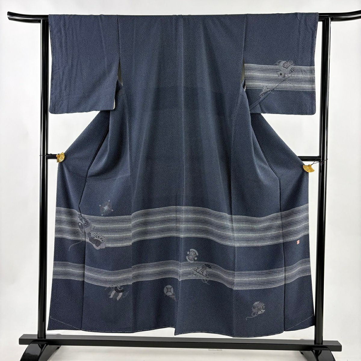 【美品】 付下 身長154cm 袖長62.5cm S 雙層 落款あり 小槌 七寶 濃藍 純蠶絲 名品級