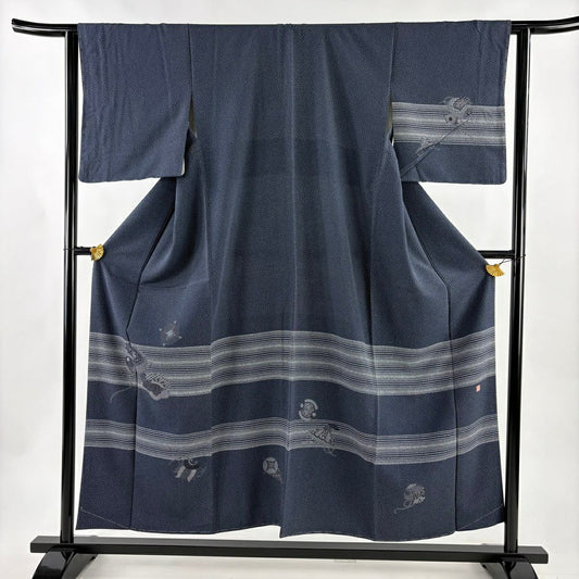 【美品】 付下 身長154cm 袖長62.5cm S 雙層 落款あり 小槌 七寶 濃藍 純蠶絲 名品級