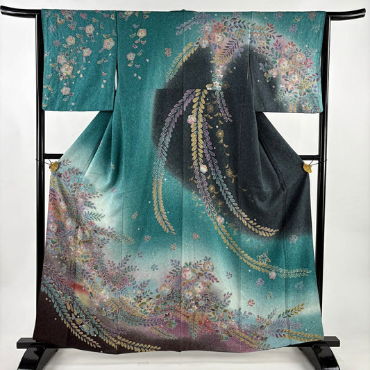 【美品】訪問服 身長160.5cm 袖長64cm M 雙層 辻花染 金金箔 金彩裝飾 綠 純蠶絲 名品級