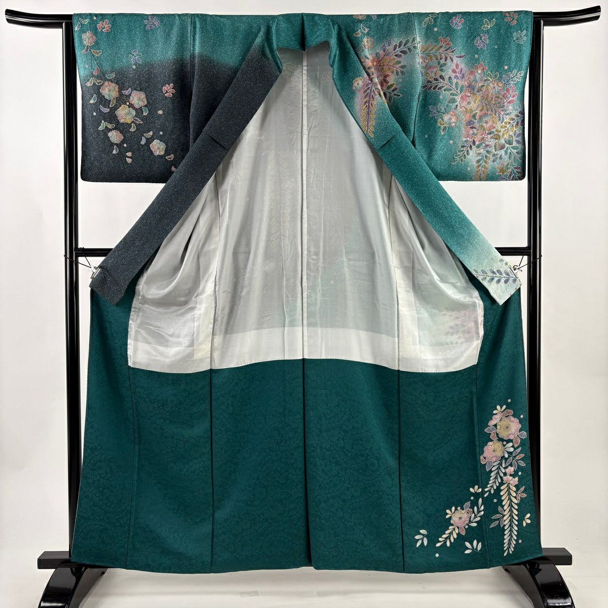 【美品】訪問服 身長160.5cm 袖長64cm M 雙層 辻花染 金金箔 金彩裝飾 綠 純蠶絲 名品級