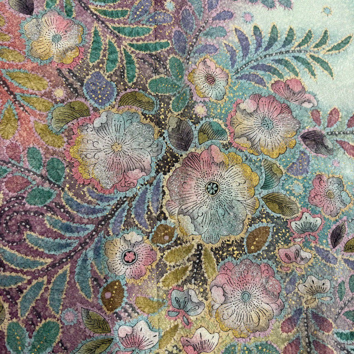 【美品】訪問服 身長160.5cm 袖長64cm M 雙層 辻花染 金金箔 金彩裝飾 綠 純蠶絲 名品級