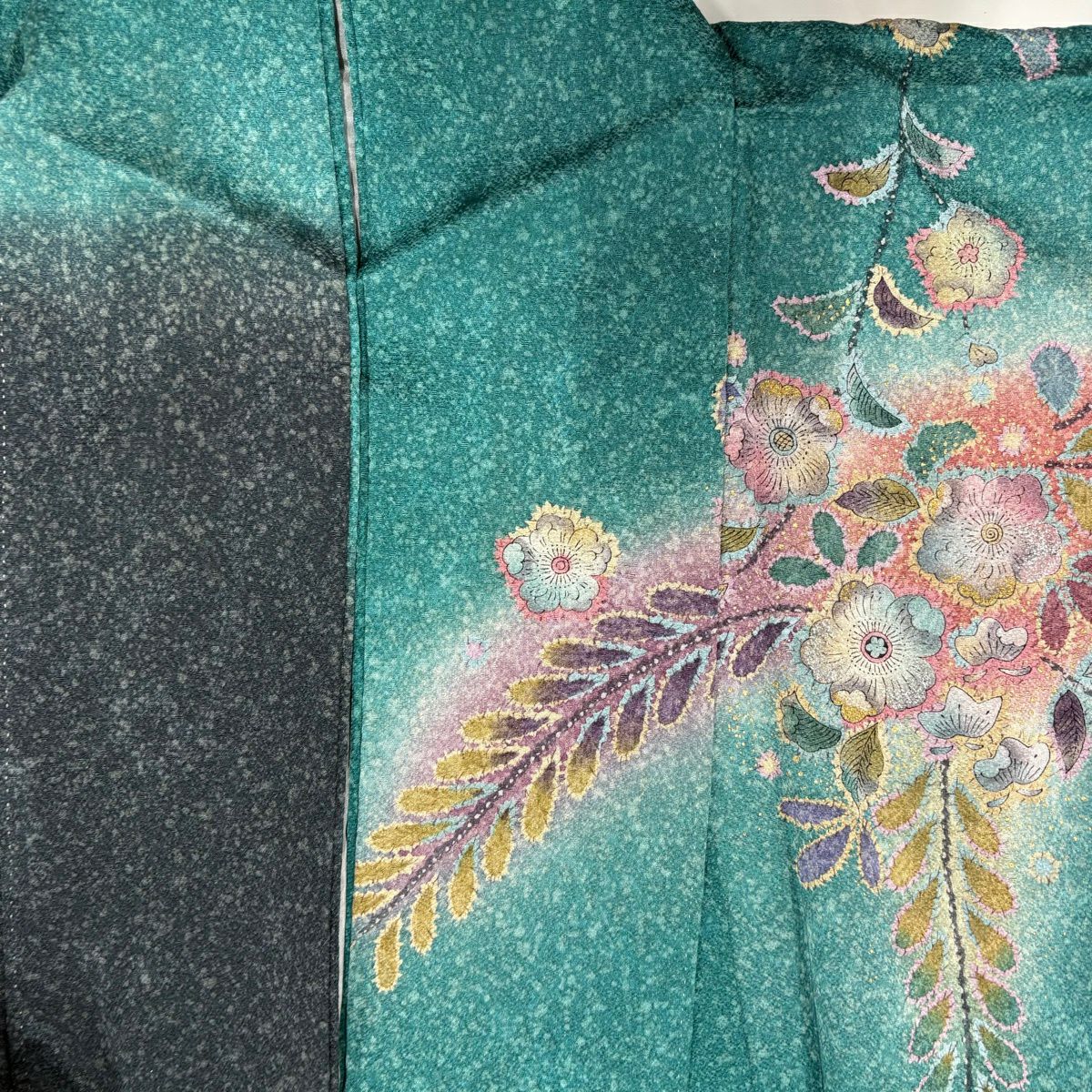【美品】訪問服 身長160.5cm 袖長64cm M 雙層 辻花染 金金箔 金彩裝飾 綠 純蠶絲 名品級