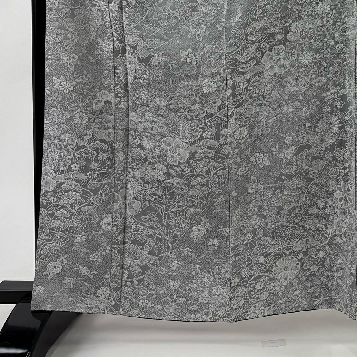 小紋 身長162.5cm 袖長65cm M 雙層 雪輪 草花紋紋意匠 灰色 純蠶絲 名品級