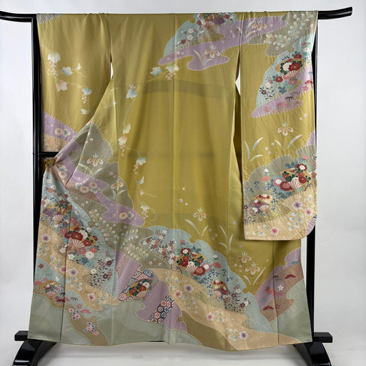 振袖禮服 身長162cm 袖長66.5cm M 雙層 扇子 草花紋紋 金銀彩 絞染 芥末色 純蠶絲 名品級