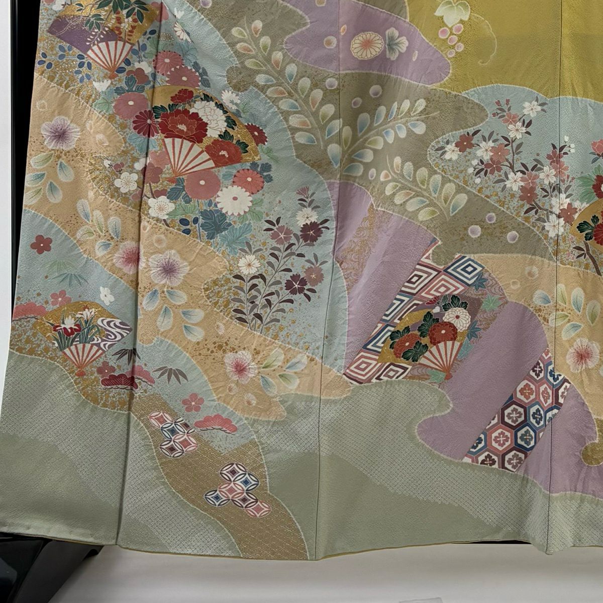 振袖禮服 身長162cm 袖長66.5cm M 雙層 扇子 草花紋紋 金銀彩 絞染 芥末色 純蠶絲 名品級