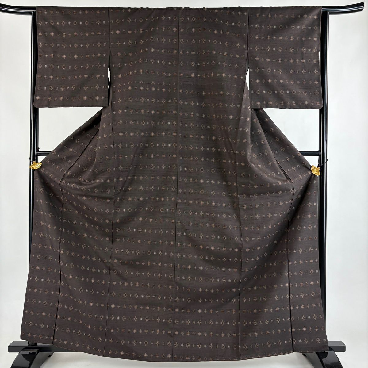 【美品】 紬織 身長164.5cm 袖長64cm M 雙層 井桁 菱 焦茶 純蠶絲 名品級
