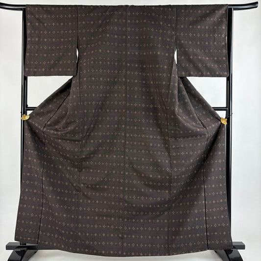 【美品】 紬織 身長164.5cm 袖長64cm M 雙層 井桁 菱 焦茶 純蠶絲 名品級