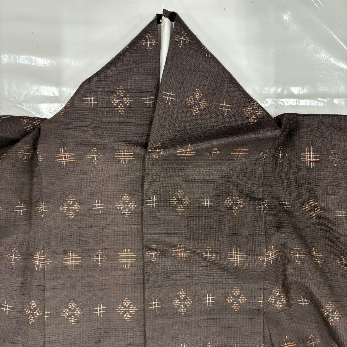 【美品】 紬織 身長164.5cm 袖長64cm M 雙層 井桁 菱 焦茶 純蠶絲 名品級