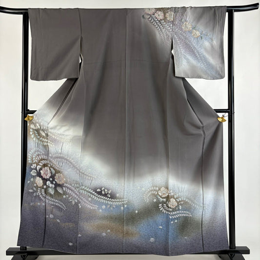 【美品】訪問服 身長158cm 袖長62.5cm S 雙層 辻花染 金銀彩 漸層 灰茶 純蠶絲 名品級
