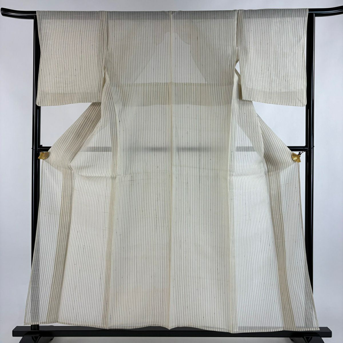 紬織 身長155.5cm 袖長63.5cm S 薄物 紅城芭蕉 證書齊全 縱條紋 米色 純蠶絲 名品級