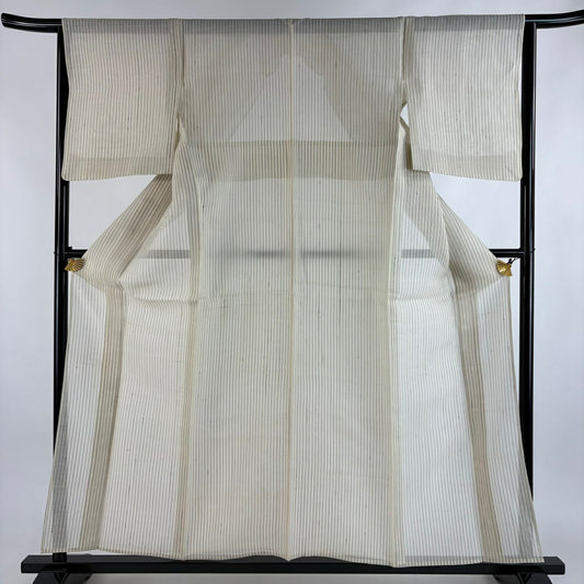 紬織 身長155.5cm 袖長63.5cm S 薄物 紅城芭蕉 證書齊全 縱條紋 米色 純蠶絲 名品級