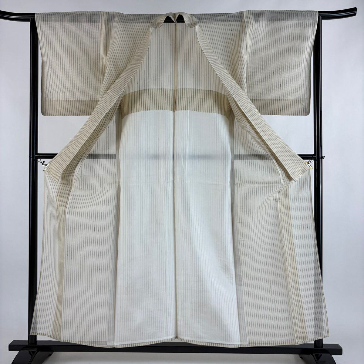 紬織 身長155.5cm 袖長63.5cm S 薄物 紅城芭蕉 證書齊全 縱條紋 米色 純蠶絲 名品級