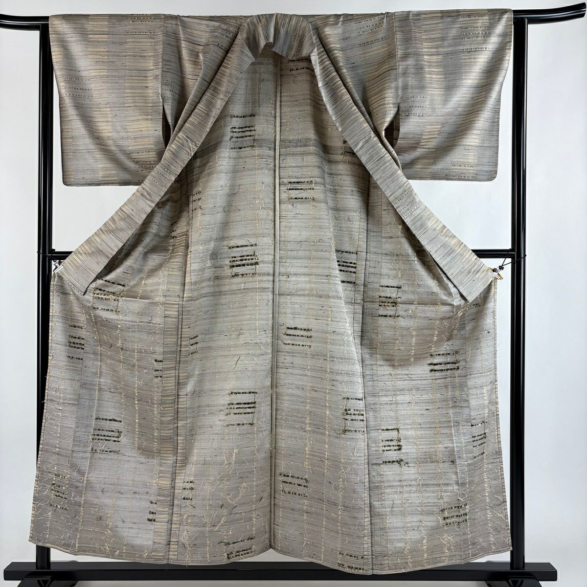 【美品】 紬織 身長155cm 袖長63cm S 單層 條紋 幾何圖案 灰茶 純蠶絲 名品級