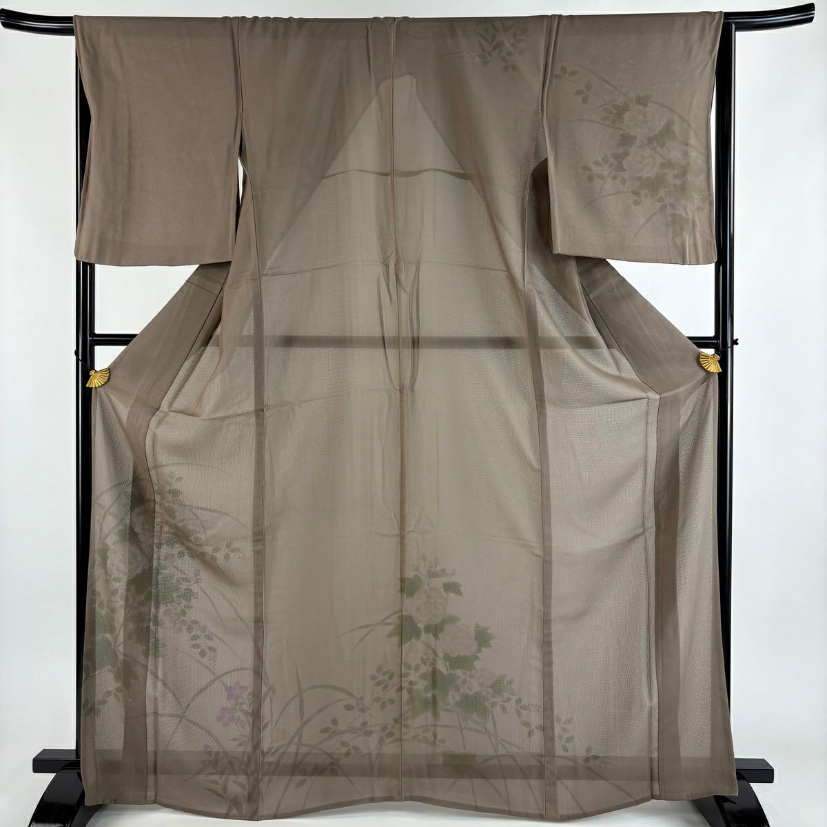 訪問服 身長164.5cm 袖長67.5cm L 紗絽雙層 牡丹 草花紋紋 灰茶 純蠶絲 名品級