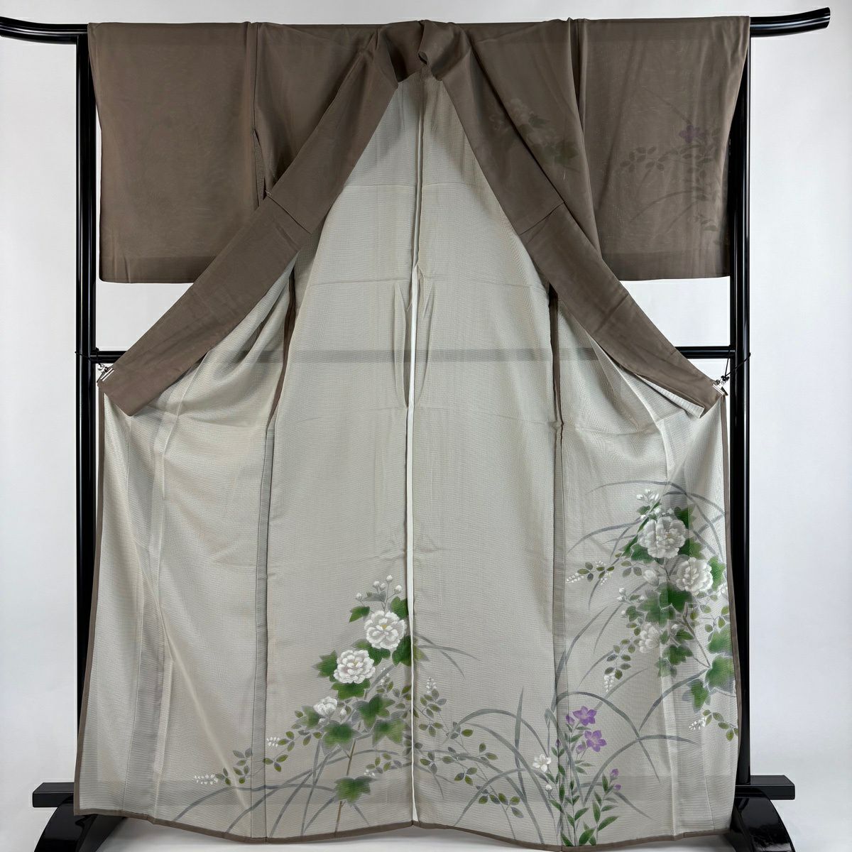 訪問服 身長164.5cm 袖長67.5cm L 紗絽雙層 牡丹 草花紋紋 灰茶 純蠶絲 名品級